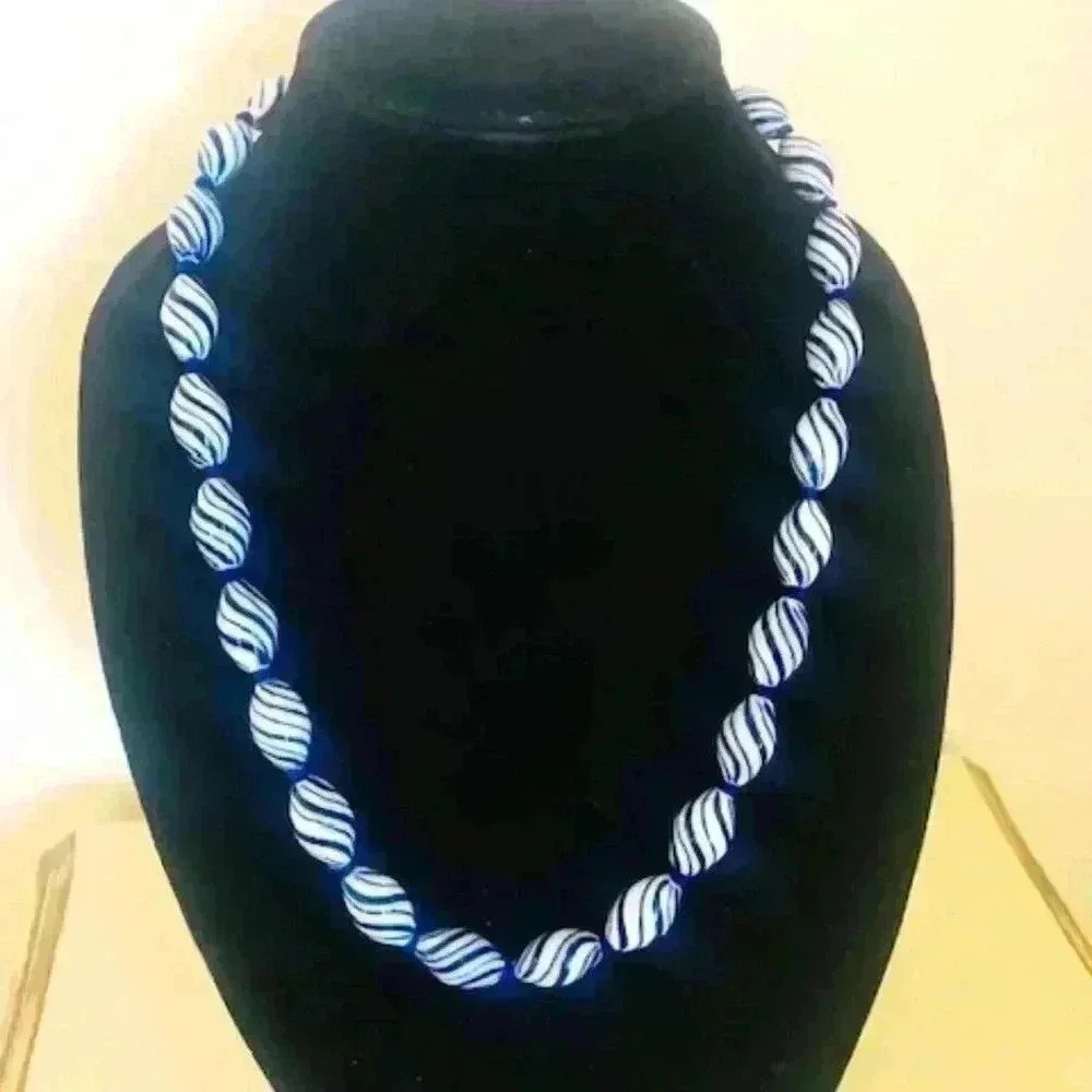 Necklace- Delft Blue Porcelain Oval beads individually knotted- Vintage